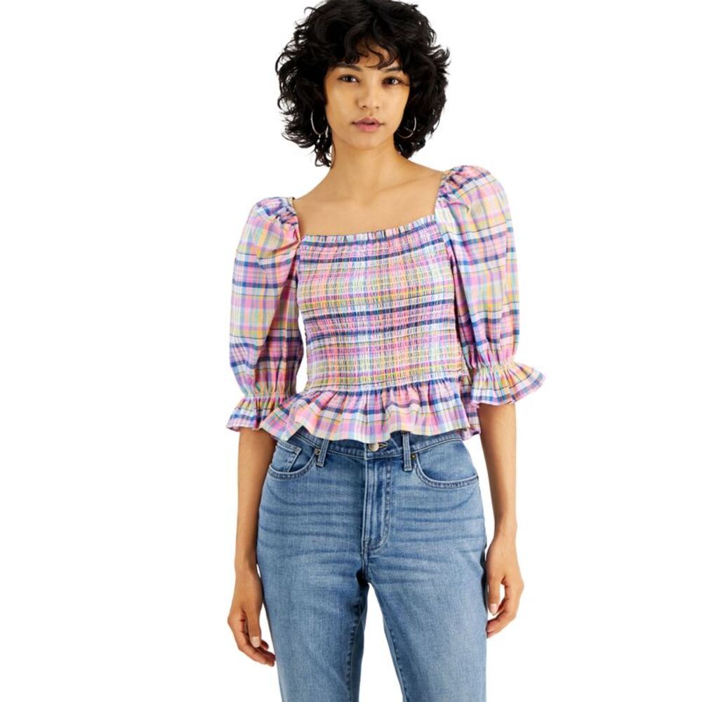 Tommy Hilfiger Womens Cotton Plaid Smocked Top